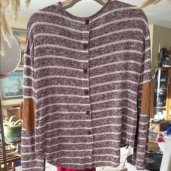 Cato Purple Long Sleeve Striped Sweater with Button Accents and Elbow Patches - Picture 5 of 6